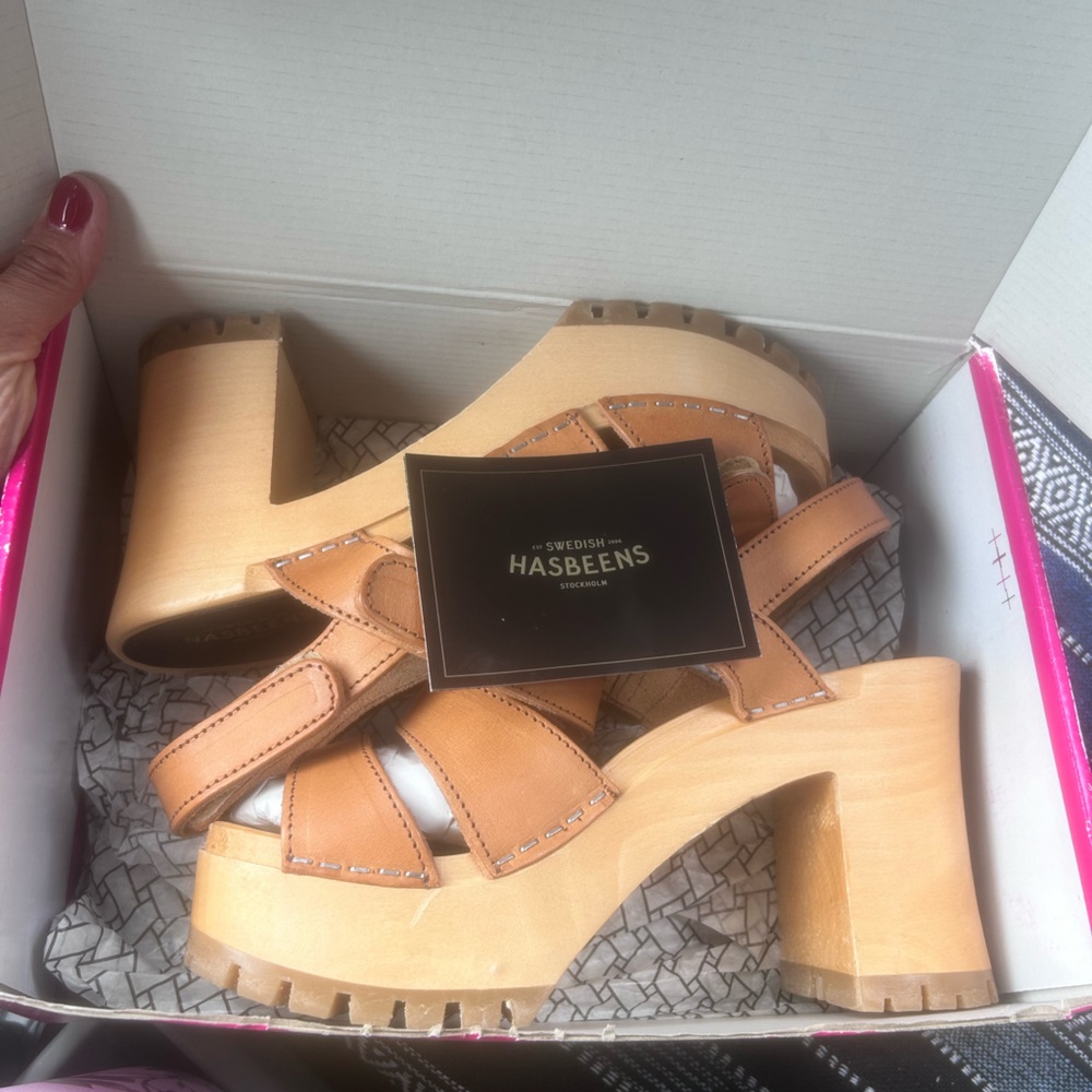 Swedish Hasbeens Tan Leather Platform Sandals